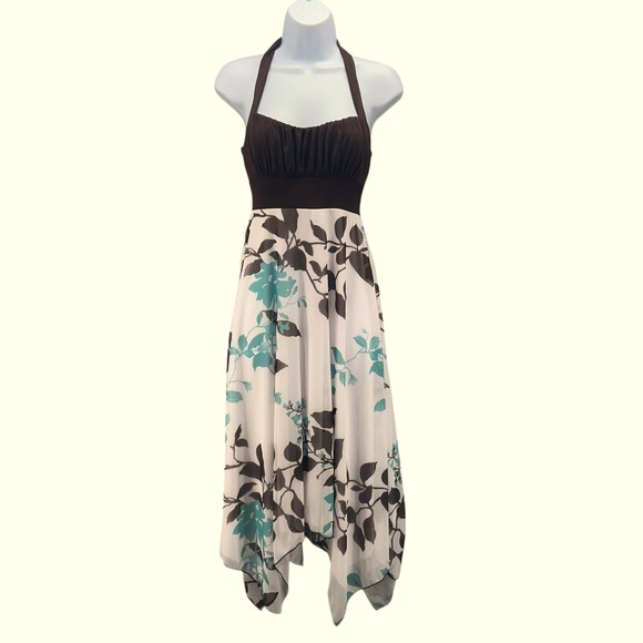 Y2K Baby Doll Dress S‎ Halter Floral Brown Fairy Lightweight Asymetrical Hem - Picture 1 of 16